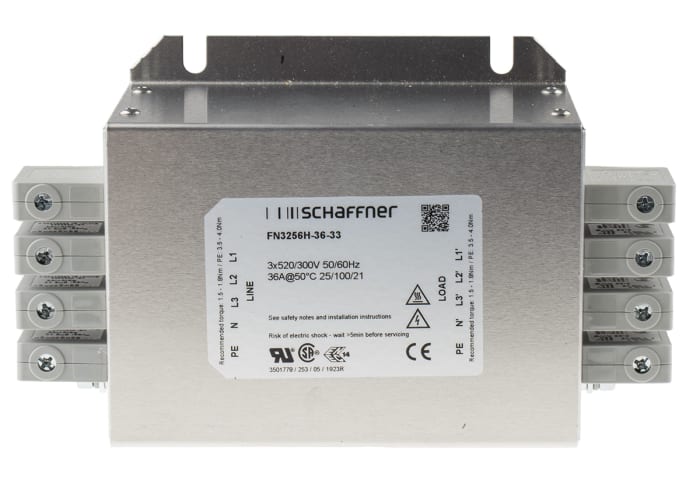 Schaffner, FN3256 36A 520/300 V ac 60Hz, Chassis Mount EMI Filter, Terminal Block 3 Phase
