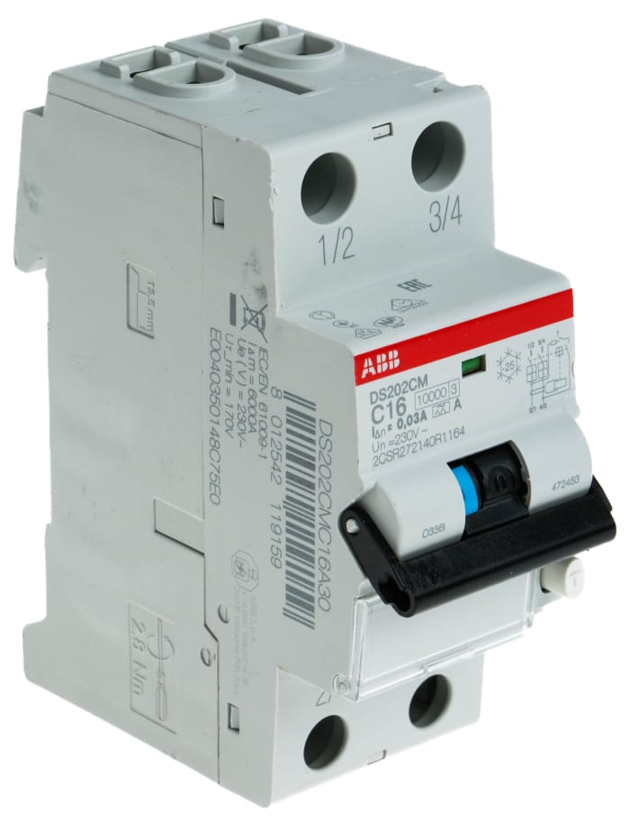 ABB RCBO, 16A Current Rating, 2P Poles, 30mA Trip Sensitivity, Type C, System Pro M Compact Range