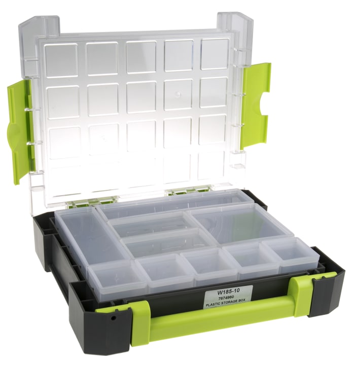 RS PRO 10 Cell Transparent, Grey, Green PP, Adjustable Compartment Box, 325mm x 275mm x 70mm