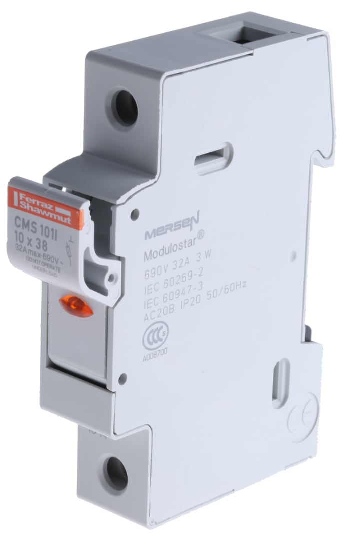 Mersen 32A Rail Mount Fuse Holder for 10.3 x 38.1mm Fuse, 1P, 690V ac/dc