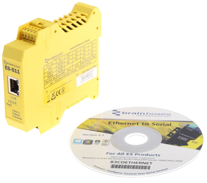 Brainboxes Serial Device Server, 1 Ethernet Port, 1 Serial Port, RS232, RS422, RS485 Interface, 1Mbit/s Baud Rate