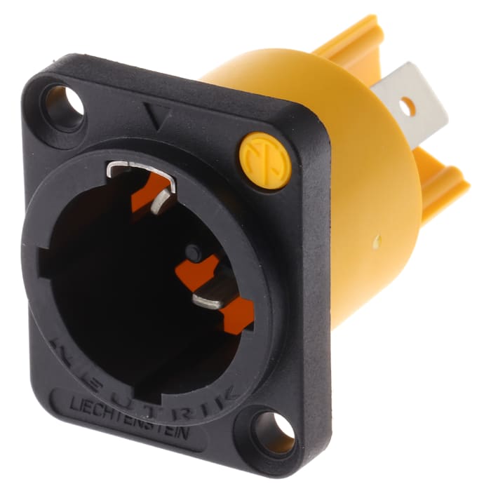 Neutrik USA Mains Connector, 20A Black, Yellow, Chassis Mount Polyamide Screw, Solder, 250 V ac