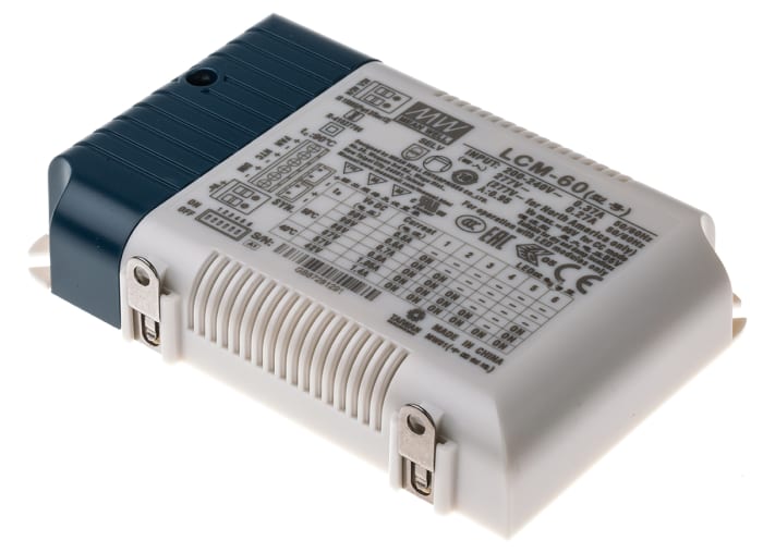 MEAN WELL LED Driver, 2 → 90V Output, 60.3W Output, 1.05 A, 1.4 A, 500 mA, 600 mA, 700 mA, 900 mA Output,