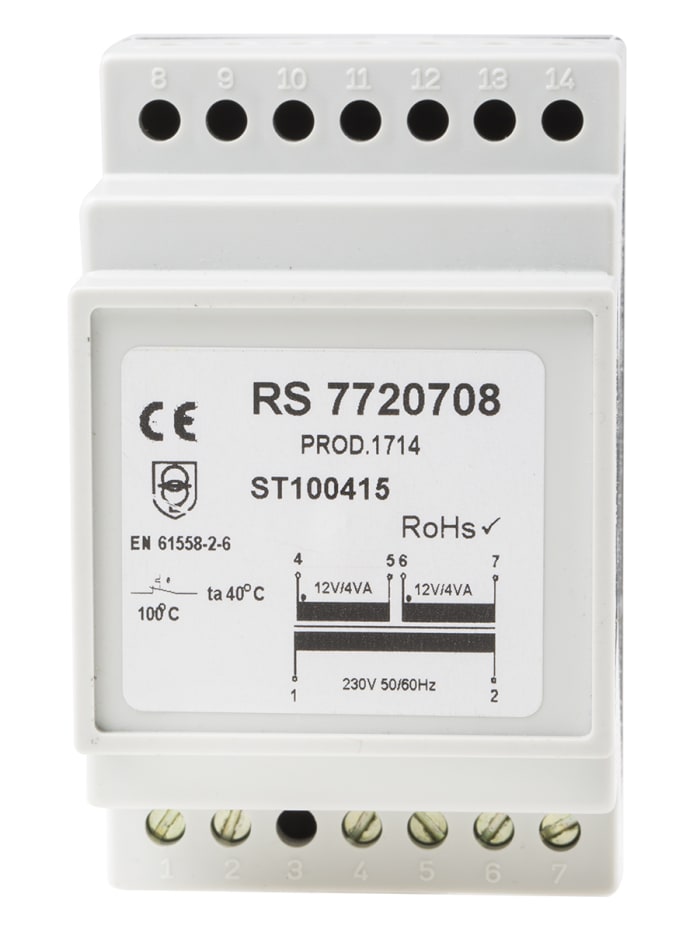 RS PRO 8VA DIN Rail Transformer, 230V ac Primary, 12V ac Secondary