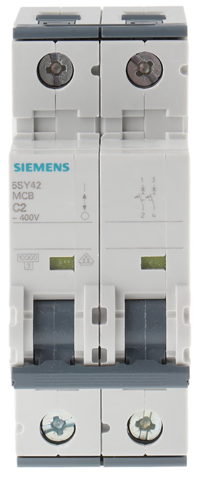Siemens Sentron 5SY4 MCB, 2P, 2A Curve C, 400V AC, 400V DC, 10 kA Breaking Capacity