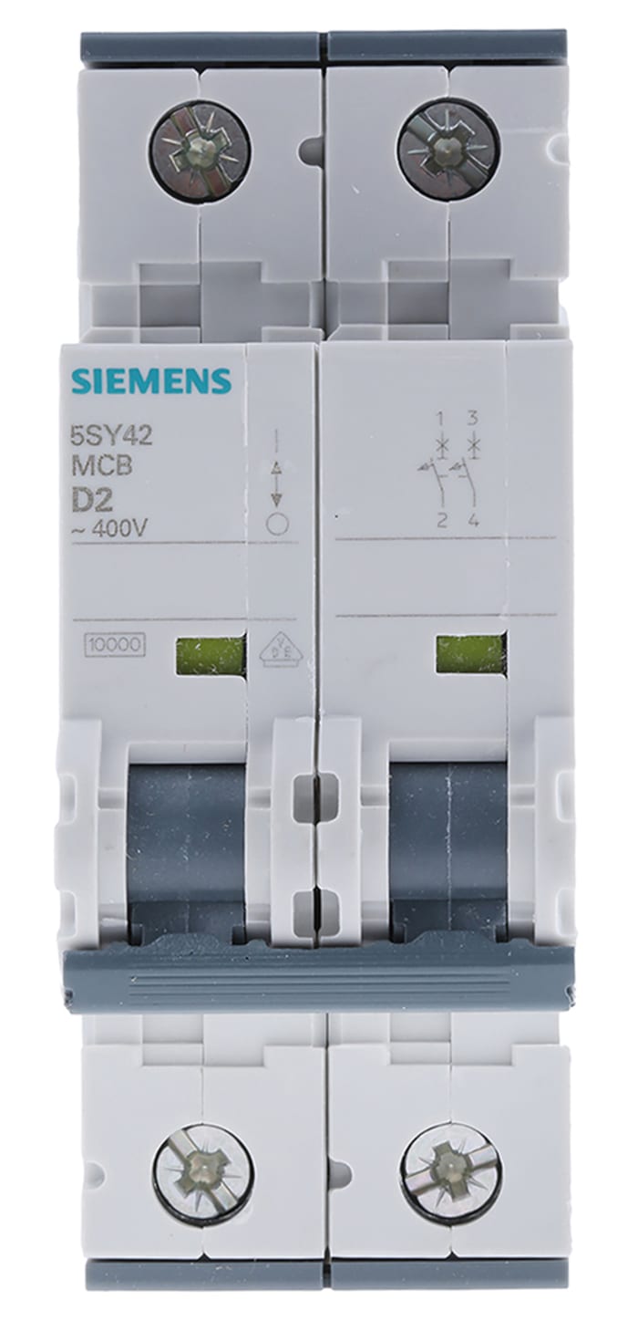 Siemens Sentron 5SY4 MCB, 2P, 2A Curve D, 440V AC, 10 kA Breaking Capacity