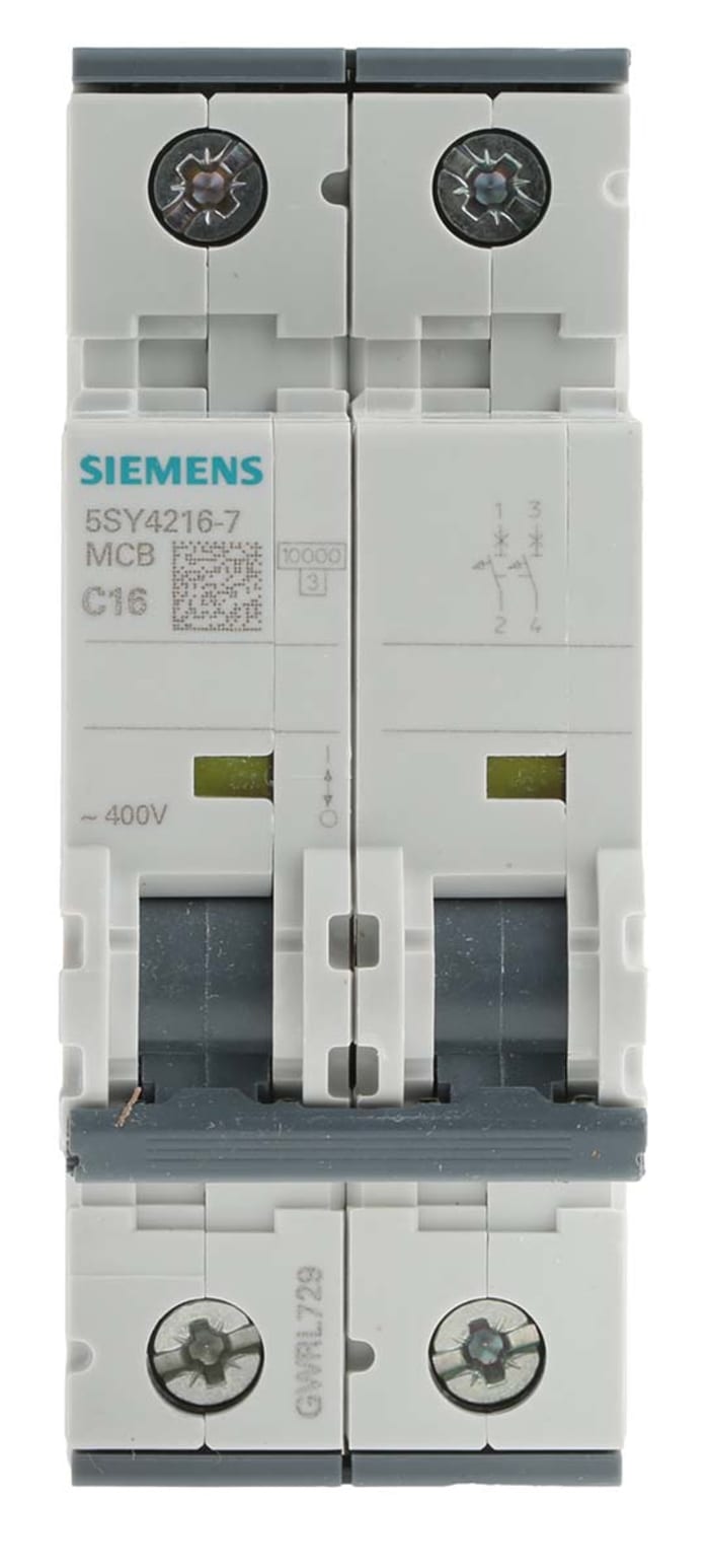 Siemens Sentron 5SY4 MCB, 2P, 16A Curve C, 400V AC, 72V DC, 10 kA Breaking Capacity