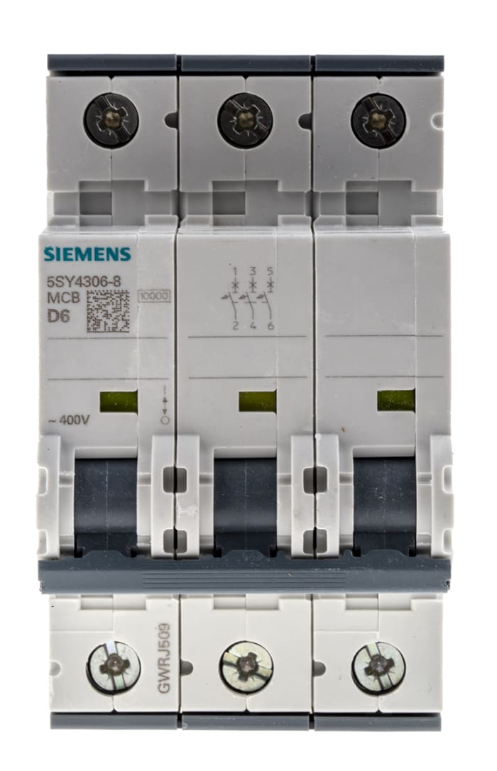 Siemens Sentron 5SY4 MCB, 3P, 6A Curve D, 400V AC, 10 kA Breaking Capacity