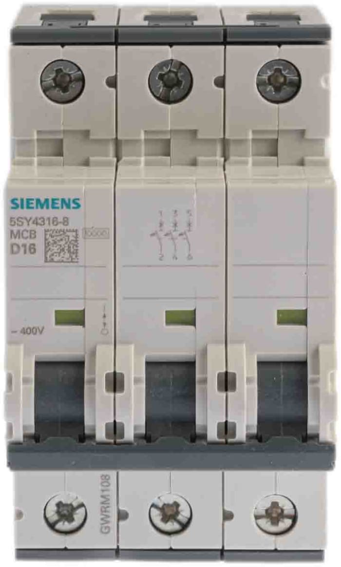 Siemens Sentron 5SY4 MCB, 3P, 16A Curve D, 400V AC, 10 kA Breaking Capacity