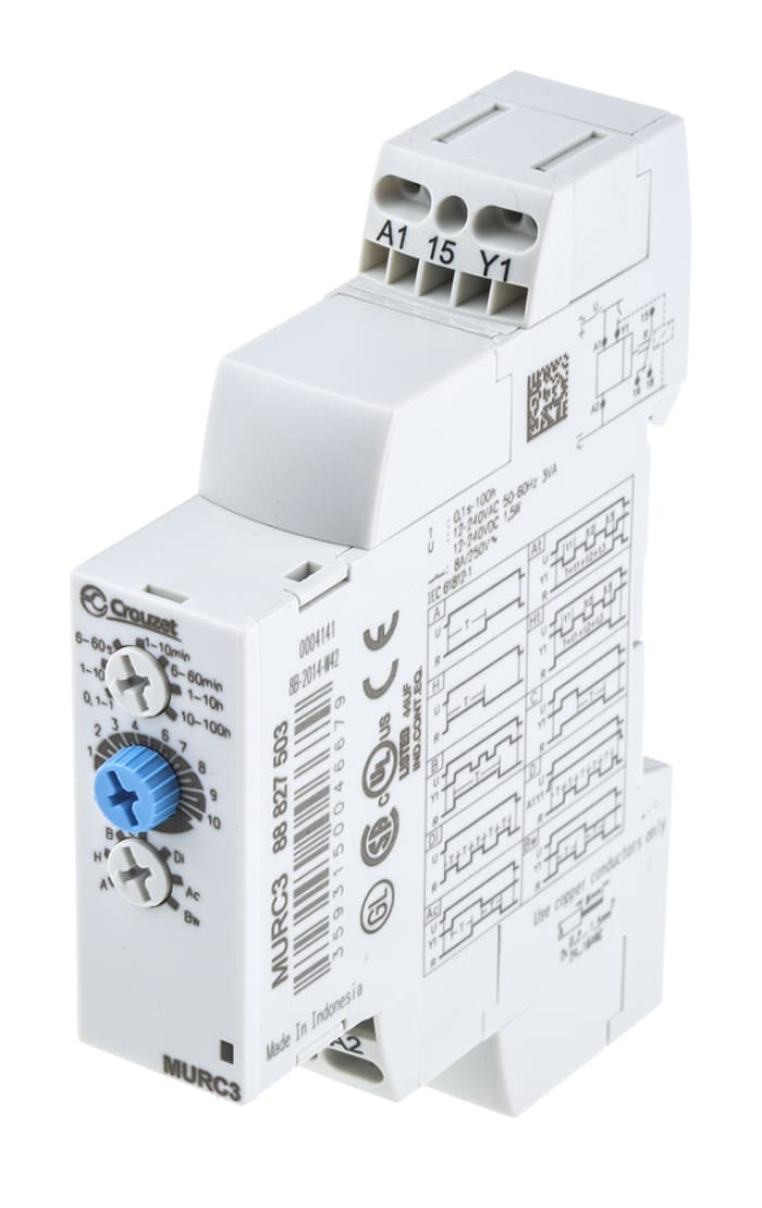 Crouzet DIN Rail Mount Timer Relay, 12 → 240V ac/dc, 1-Contact, 0.1 s → 100h, SPDT