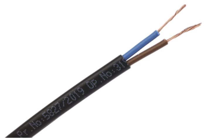 Cable de alimentación 2192Y H03VVH2-F RS PRO de 2 núcleos, 0.5 mm², Ø ext. 5.34mm, long. 100m, 300 V / 3 A, funda de
