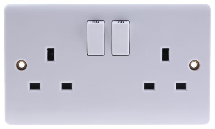 RS PRO White 2 Gang Plug Socket, 2 Poles, 13A, Type G - British, Indoor Use