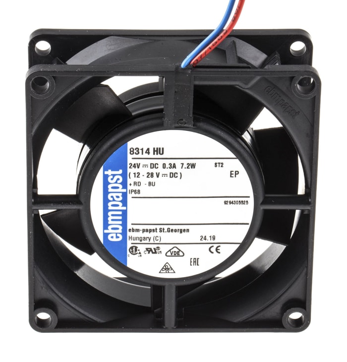 ebm-papst 8300 Series Axial Fan, 24 V dc, DC Operation, 80m³/h, 6W, IP68, 80 x 80 x 32mm