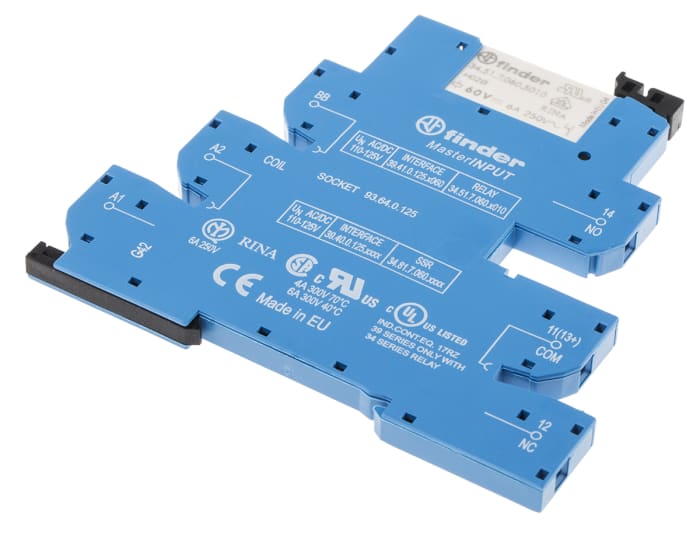 Finder 39 Series Interface Relay Module, DIN Rail Mount, 125V ac Coil, SPDT, 1-Pole, 6/10A Load