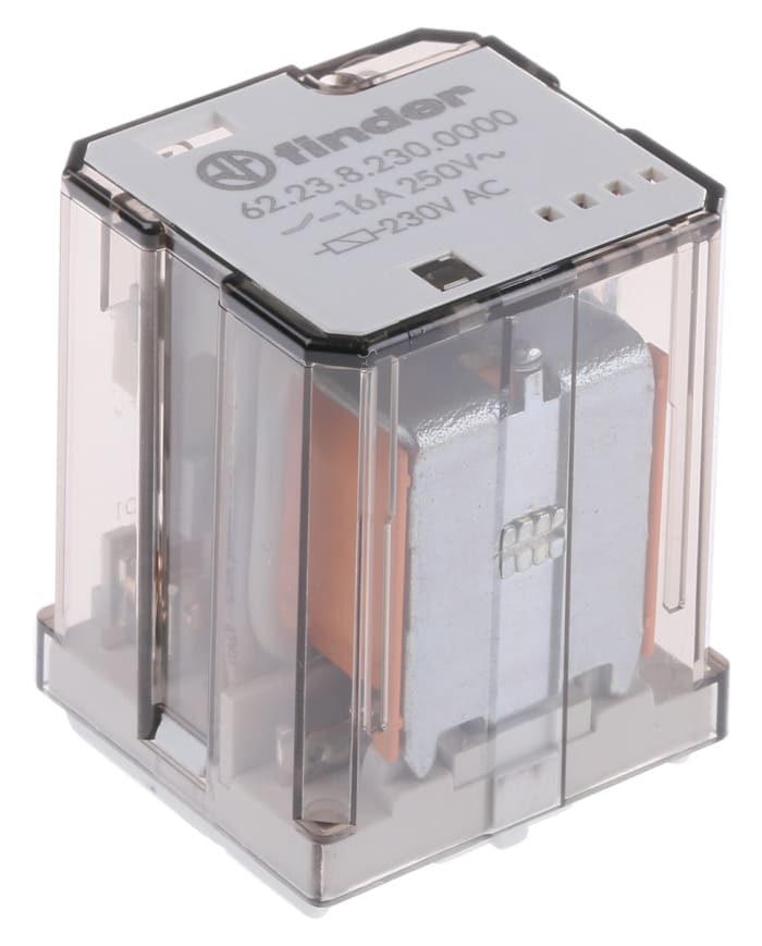 Relé de potencia sin enclavamiento Finder 62 Series de 3 polos, 3PDT, bobina 230V ac, 16A, Montaje en PCB