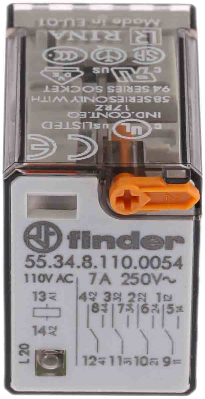 55.34.8.110.0054 Finder, Finder Plug In Power Relay, 110V ac Coil, 7A  Switching Current, 4PDT, 776-1658