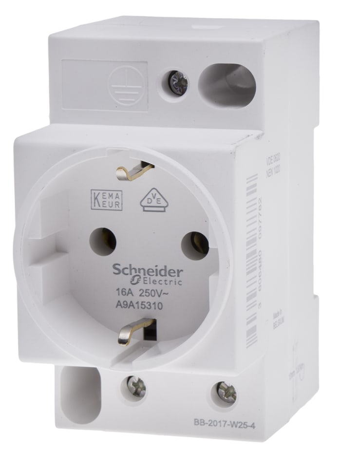Connecteur secteur Femelle Schneider Electric, Type F - Schuko allemand, 250 V, 16A, Montage sur Rail DIN, 2P+E