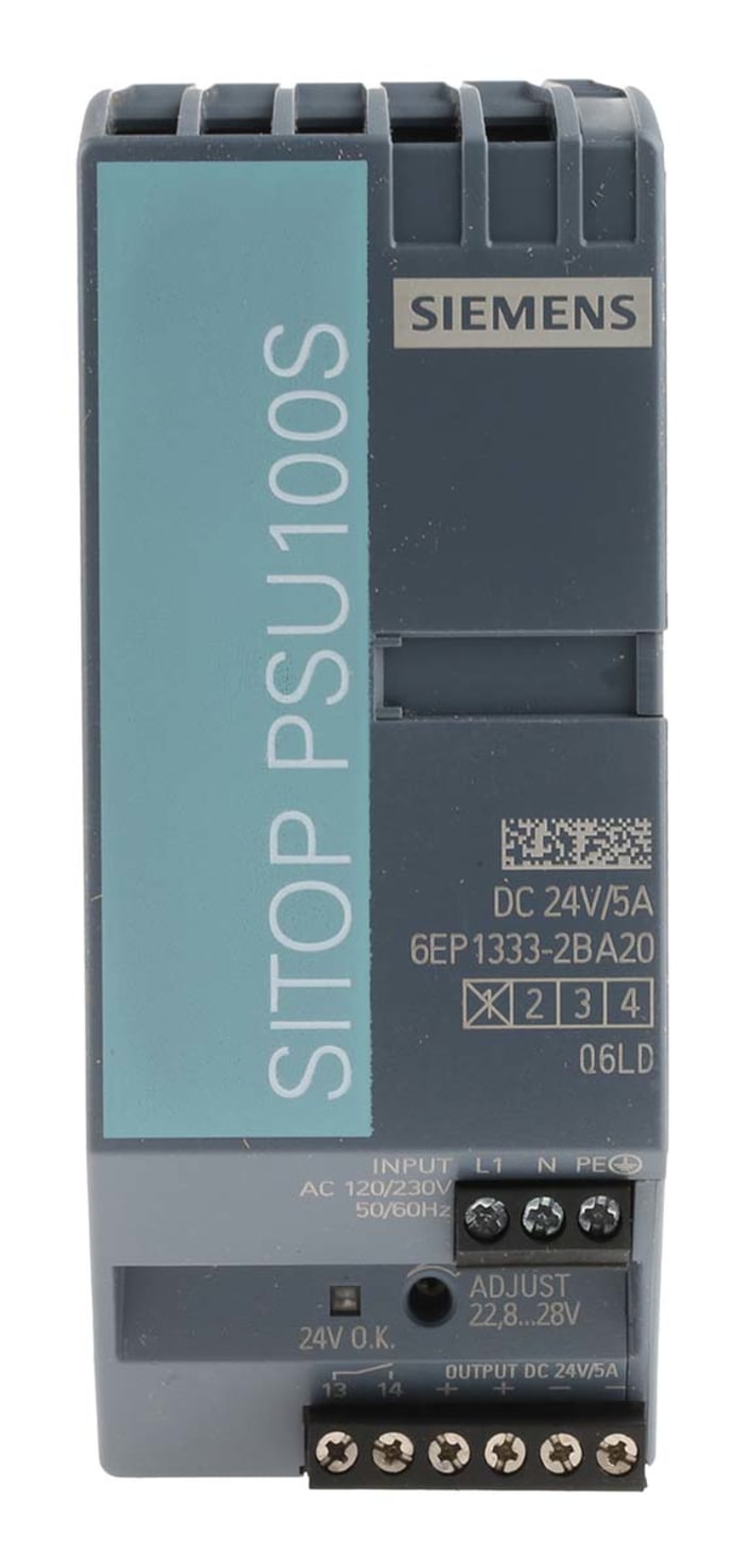 Siemens SITOP PSU100S Switched Mode DIN Rail Power Supply, 85 → 132V ac ac Input, 24V dc dc Output, 5A Output,