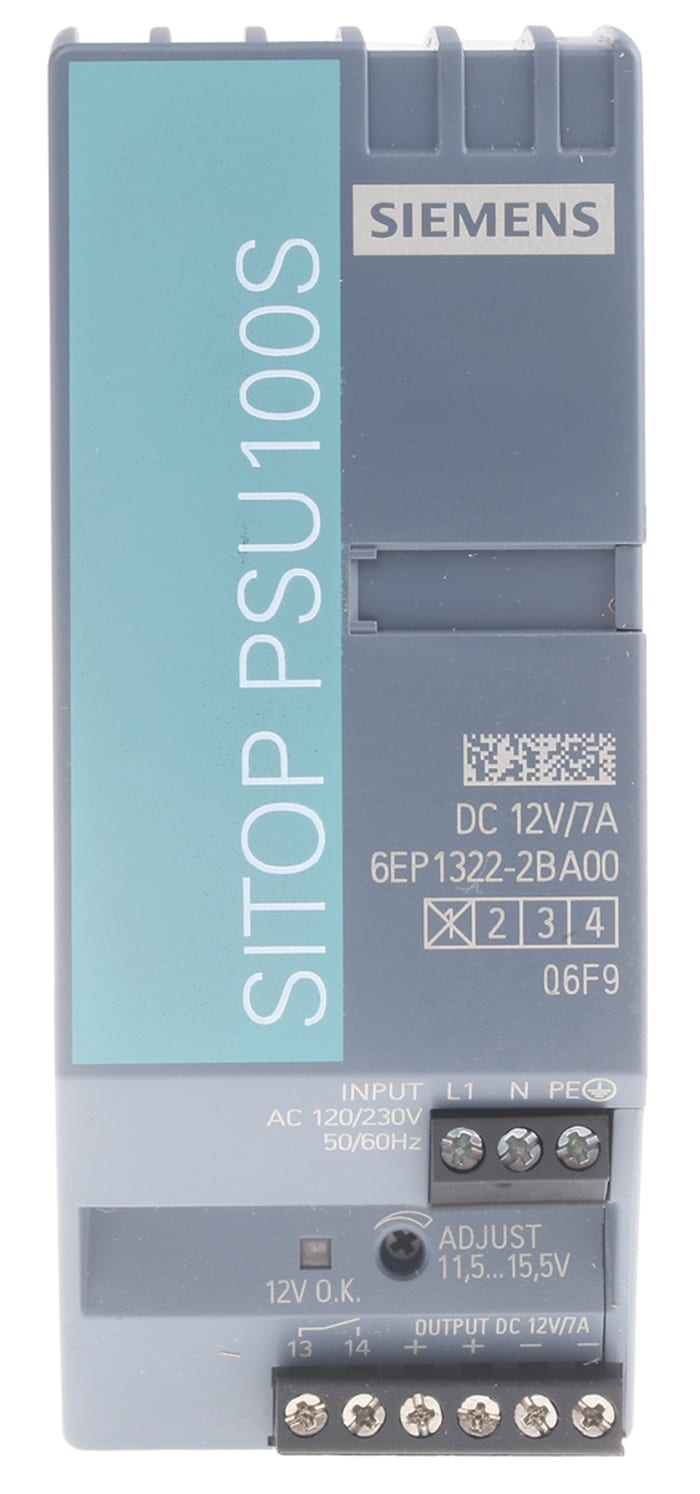 Siemens SITOP PSU100S Switched Mode DIN Rail Power Supply, 85 → 132V ac ac Input, 12V dc dc Output, 7A Output,