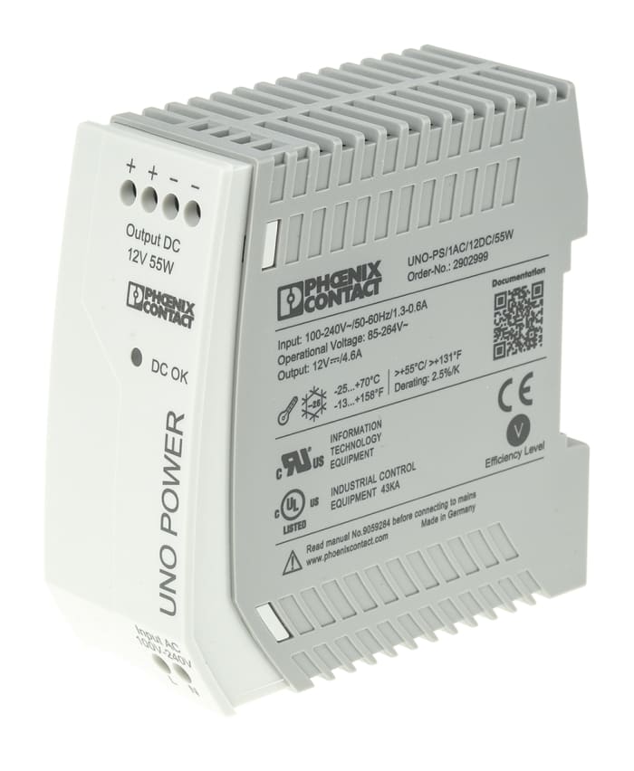 Phoenix Contact UNO POWER Switched Mode DIN Rail Power Supply, 85 → 264V ac ac Input, 12V dc dc Output, 4.6A