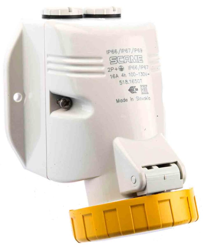 Scame IP66, IP67 Yellow Wall Mount 2P + E Industrial Power Socket, Rated At 16A, 110 V