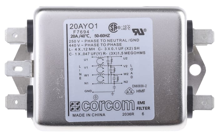 TE Connectivity, Corcom AYO 20A RFI Filter, Spade 3 Phase