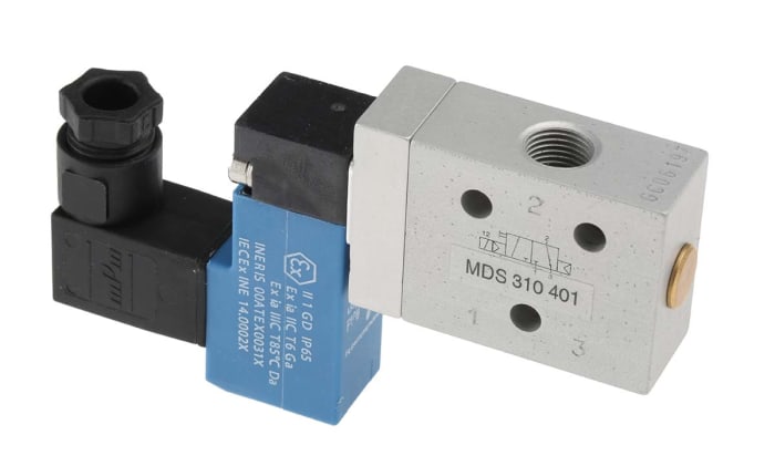 RS PRO 3/2 Pneumatic Solenoid Valve - Solenoid/Spring G 1/8 MDS Series 24V dc