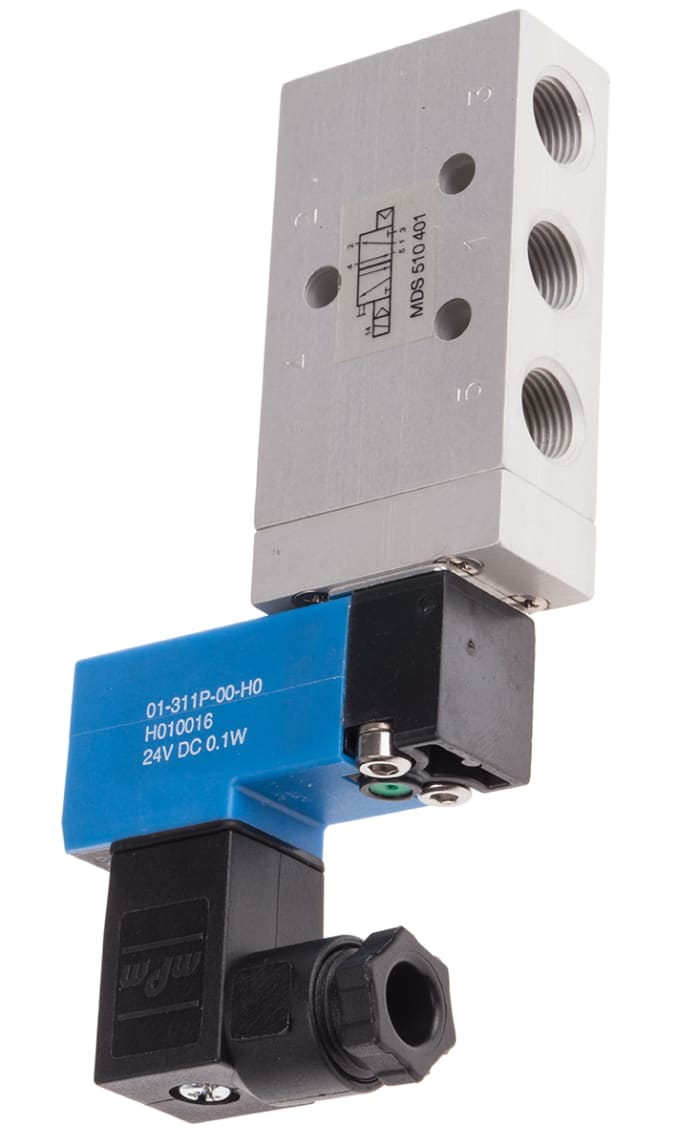 RS PRO 5/2 Pneumatic Solenoid Valve - Solenoid/Spring G 1/8 MDS Series 24V dc