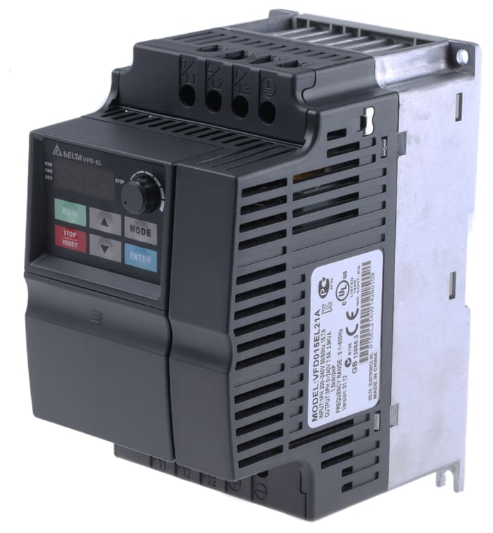 Delta VFD-EL İnverter Sürücü, Tek Fazlı, 1,5 kW, 230 V, 15,7 A, 0 → 600Hz, EMC Filtreli