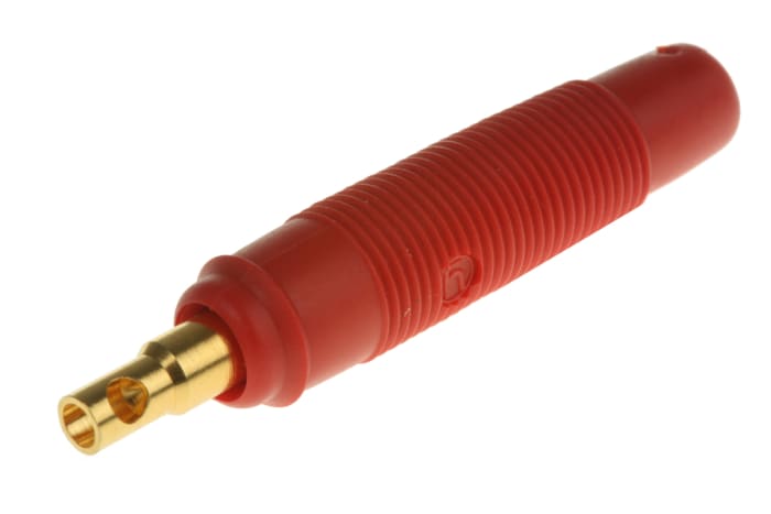 Banánková zásuvka, 16A, 4 mm, 30 V ac, 60V dc, Červená, Samice, materiál kontaktu: Mosaz, délka: 48mm Zásuvka na banánky