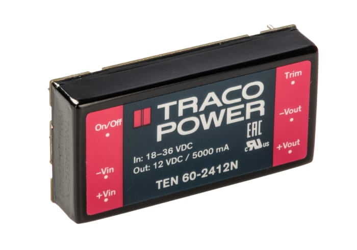 TRACOPOWER TEN 60N DC-DC Converter, 12V dc/ 5A Output, 18 → 36 V dc Input, 60W, Through Hole, +85°C Max Temp