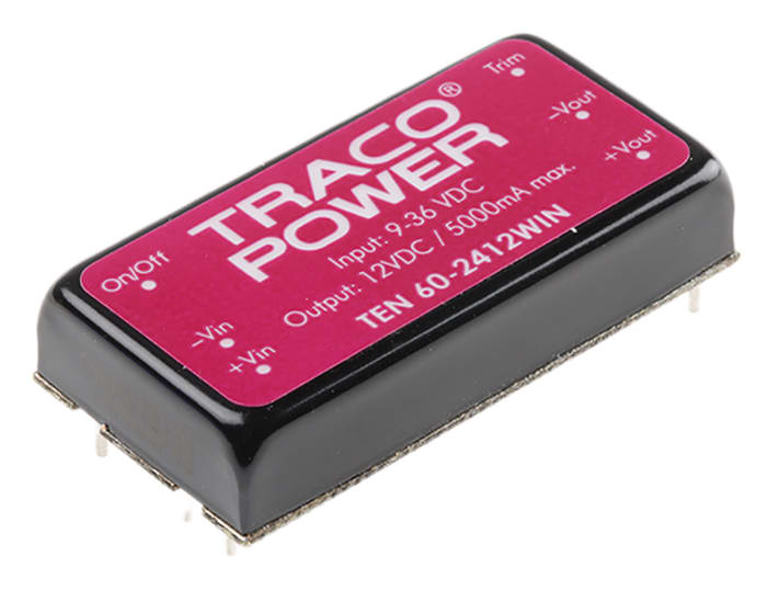 TRACOPOWER TEN 60WIN DC-DC Converter, 12V dc/ 5A Output, 9 → 36 V dc Input, 60W, Through Hole, +85°C Max Temp