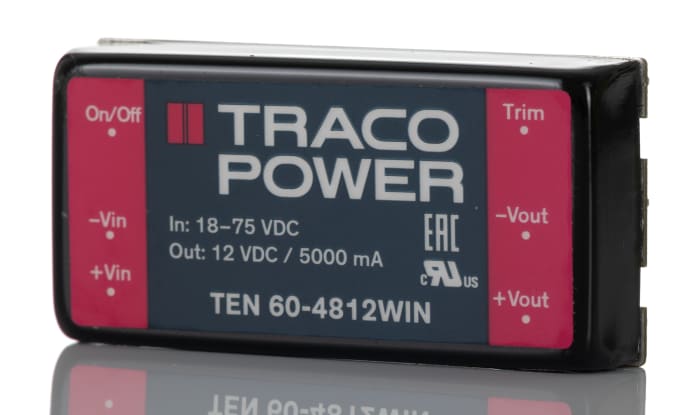TRACOPOWER TEN 60WIN DC-DC Converter, 12V dc/ 5A Output, 18 → 75 V dc Input, 60W, PCB Mount, +85°C Max Temp