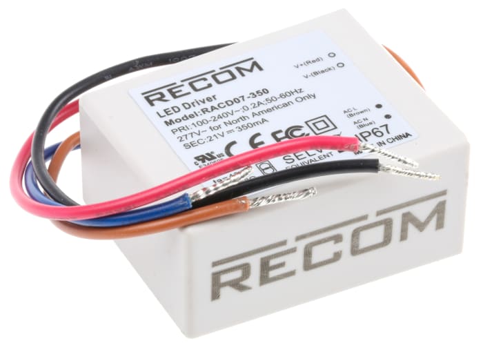 Recom LED Driver, 10 → 20V dc Output, 7W Output, 350mA Output, Constant Current / Constant Voltage