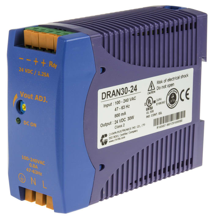 Chinfa DRAN30 Switched Mode DIN Rail Power Supply, 85 → 264V ac ac Input, 24V dc dc Output, 1.25A Output, 30W