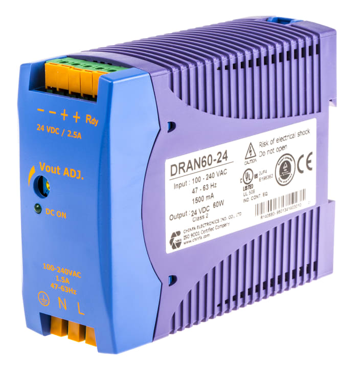 Chinfa DRAN60 Switched Mode DIN Rail Power Supply, 85 → 264V ac ac Input, 24V dc dc Output, 2.5A Output, 60W