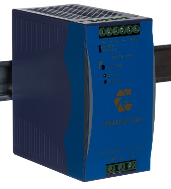 Chinfa DRAN120 Switched Mode DIN Rail Power Supply, 90 → 264V ac ac Input, 24V dc dc Output, 5A Output, 120W
