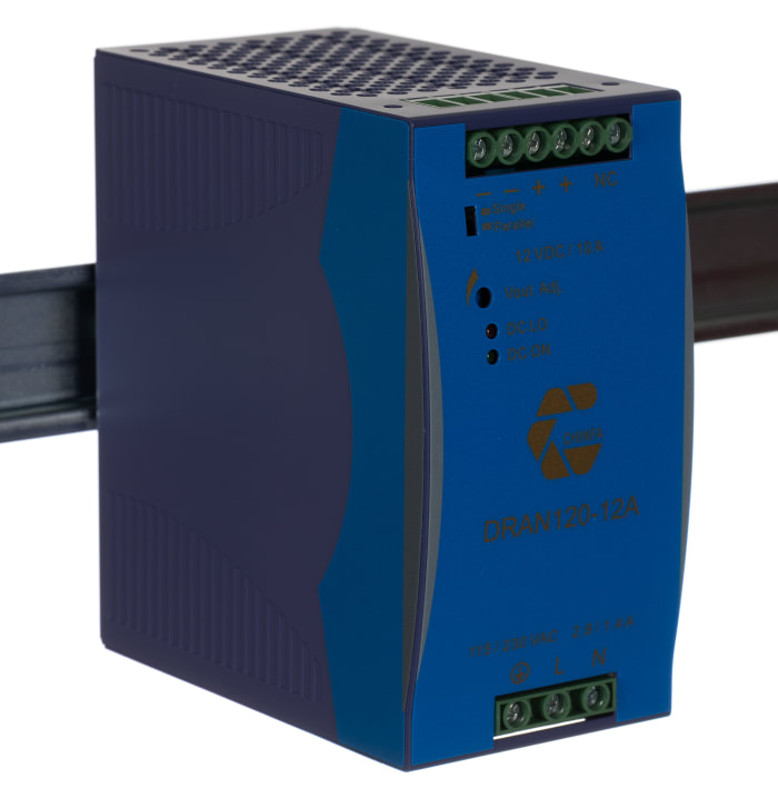 Chinfa DRAN120 Switched Mode DIN Rail Power Supply, 90 → 264V ac ac Input, 12V dc dc Output, 10A Output, 120W