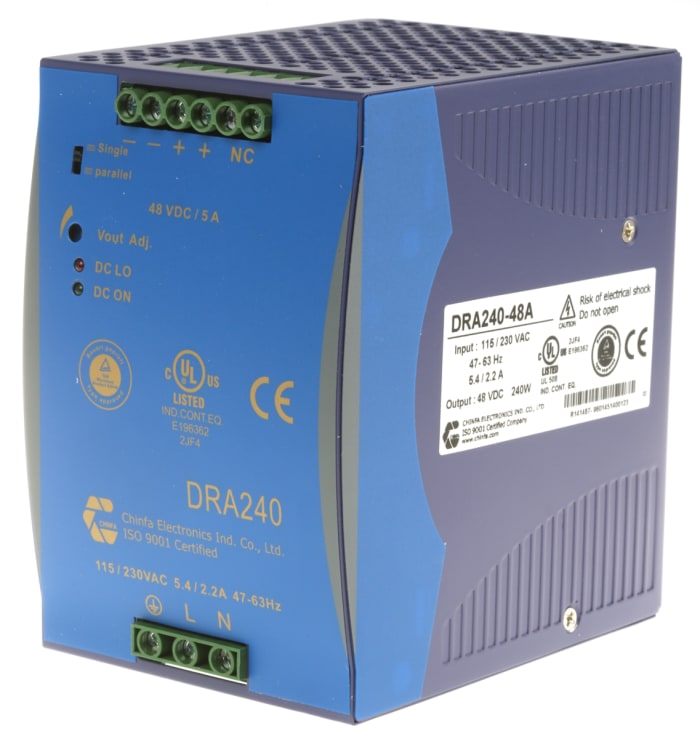 Alimentation pour rail DIN Chinfa, série DRA240, 48V c.c.out 5A, 240W