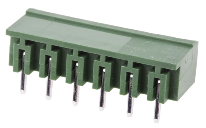 Regletas de terminales PCB Macho Ángulo recto RS PRO de 6 vías, paso 5.08mm, 16A, de color Verde, montaje Montaje en