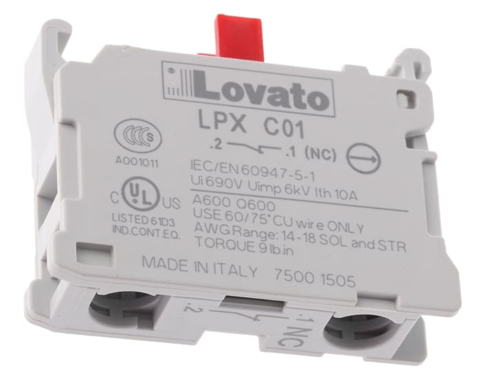 Lovato Platinum 22mm Series Contact Block, 690V, 1NC