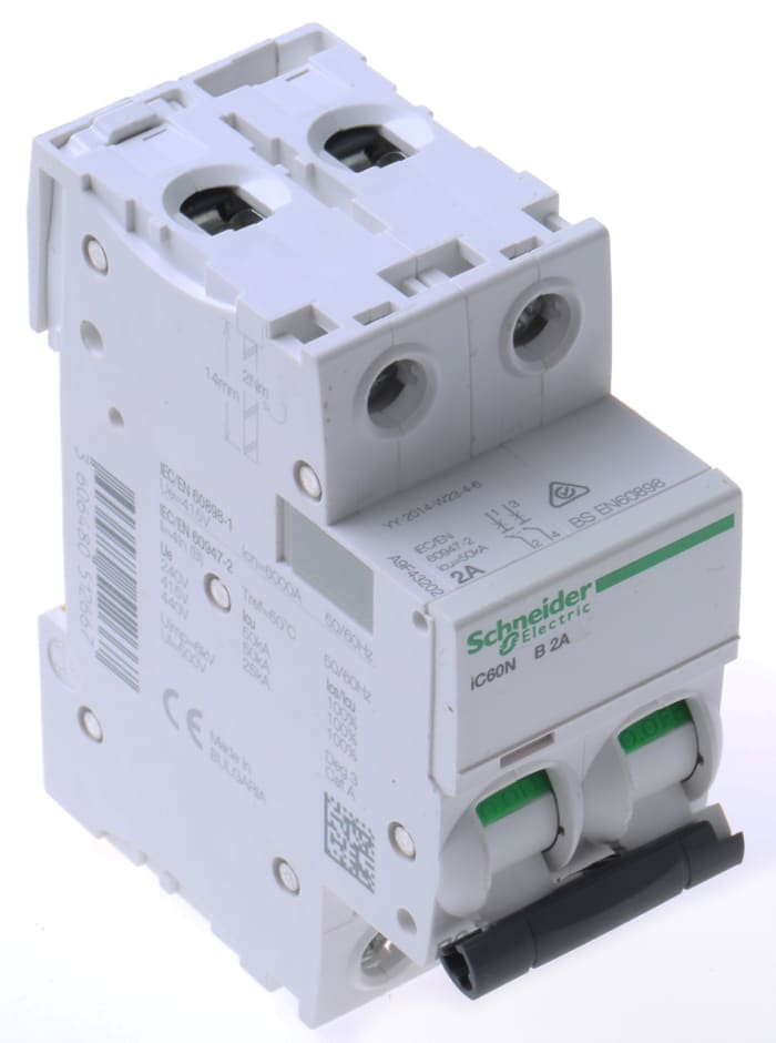 Schneider Electric Acti 9 iC60N MCB, 2P, 2A Curve B, 12 → 133V AC, 100 → 133V DC, 6 kA Breaking Capacity