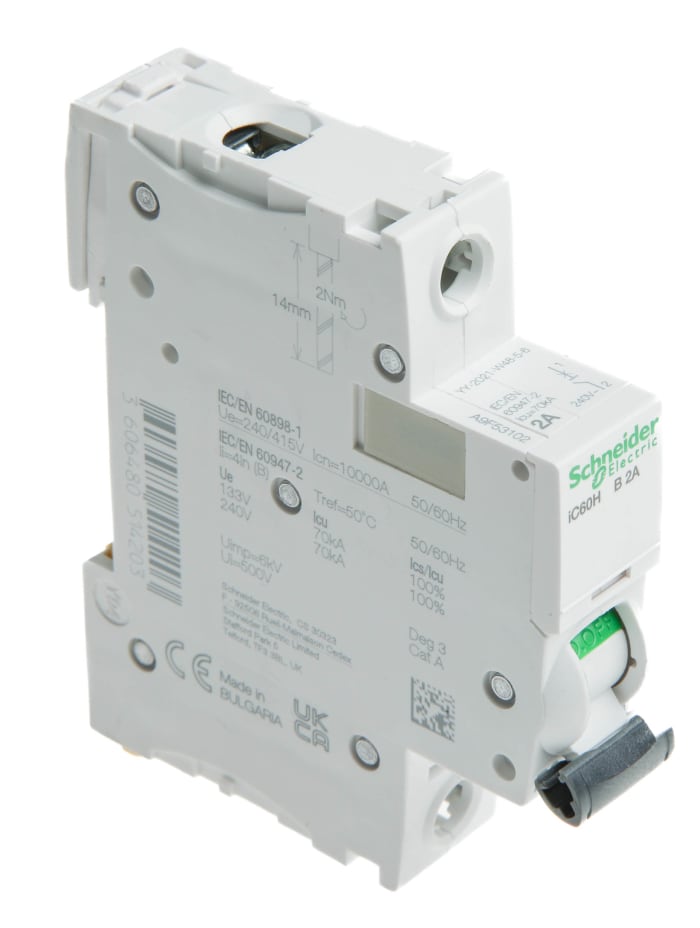 Schneider Electric Acti 9 iC60H MCB, 1P, 2A Curve B, 100 → 133V AC, 72V DC, 10 kA Breaking Capacity