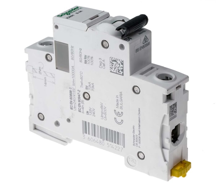 Schneider Electric Acti 9 iC60H MCB, 1P, 4A Curve B, 100 → 133V AC, 72V DC, 10 kA Breaking Capacity