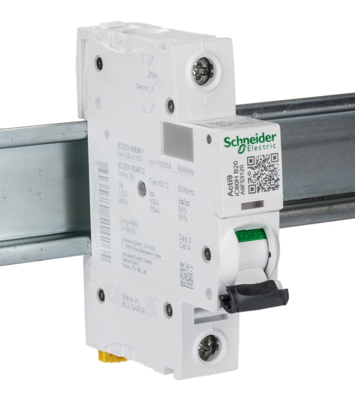 Schneider Electric Acti 9 iC60H MCB, 1P, 20A Curve B, 100 → 133V AC, 72V DC, 10 kA Breaking Capacity