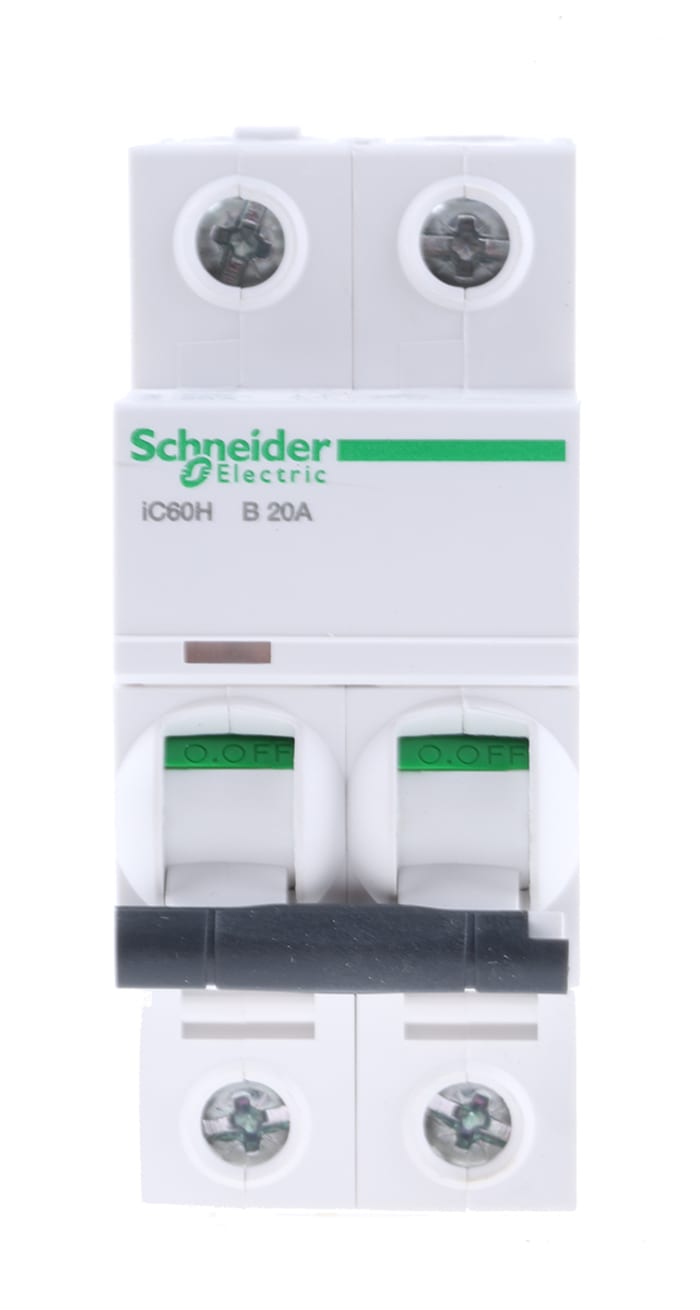 Schneider Electric Acti 9 iC60H MCB, 2P, 20A Curve B, 440V AC, 100 → 133V DC, 10 kA Breaking Capacity