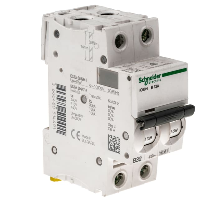 Schneider Electric Acti 9 iC60H MCB, 2P, 32A Curve B, 440V AC, 100 → 133V DC, 10 kA Breaking Capacity