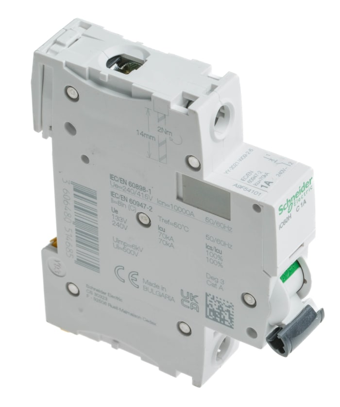 Schneider Electric Acti 9 iC60H MCB, 1P, 1A Curve C, 100 → 133V AC, 72V DC, 10 kA Breaking Capacity