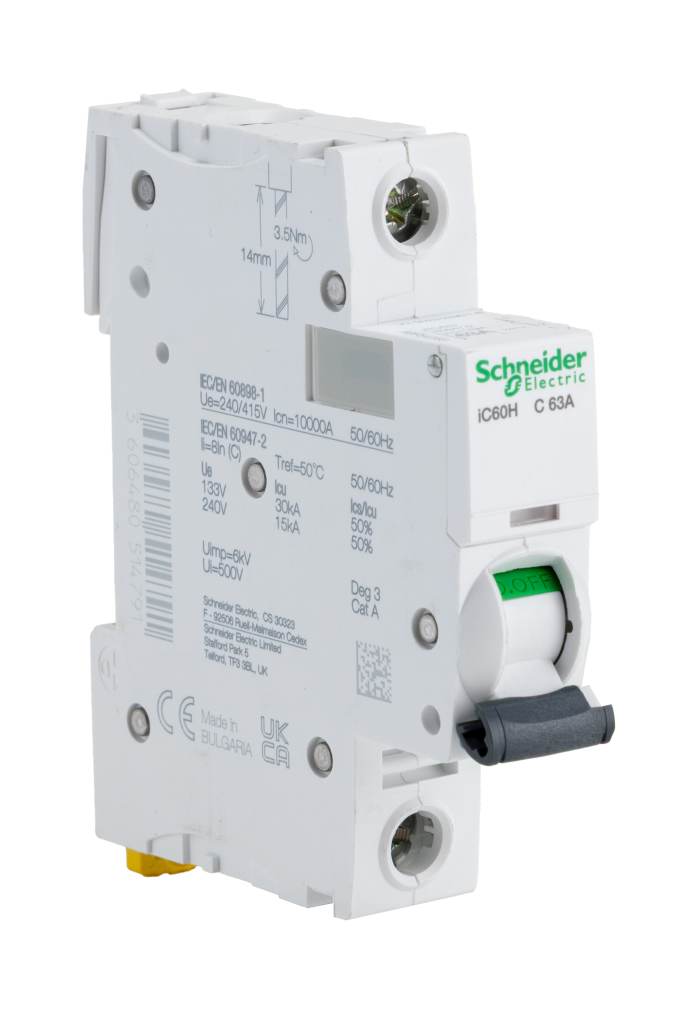 Schneider Electric Acti 9 iC60H MCB, 1P, 63A Curve C, 100 → 133V AC, 72V DC, 10 kA Breaking Capacity