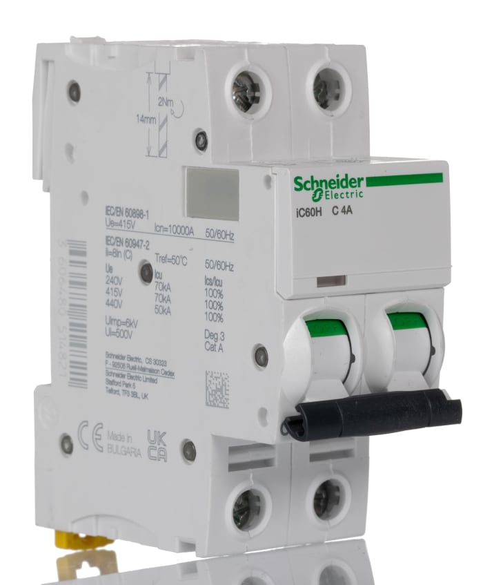 Schneider Electric Acti 9 iC60H MCB, 2P, 4A Curve C, 440V AC, 100 → 133V DC, 10 kA Breaking Capacity